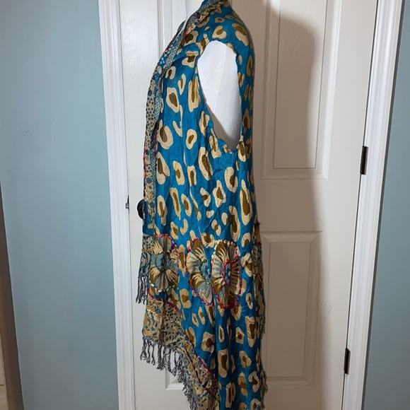 Beautiful Boho Embroidered Long Vest Purple Aqua Teal White Fringe - Picture 5 of 9